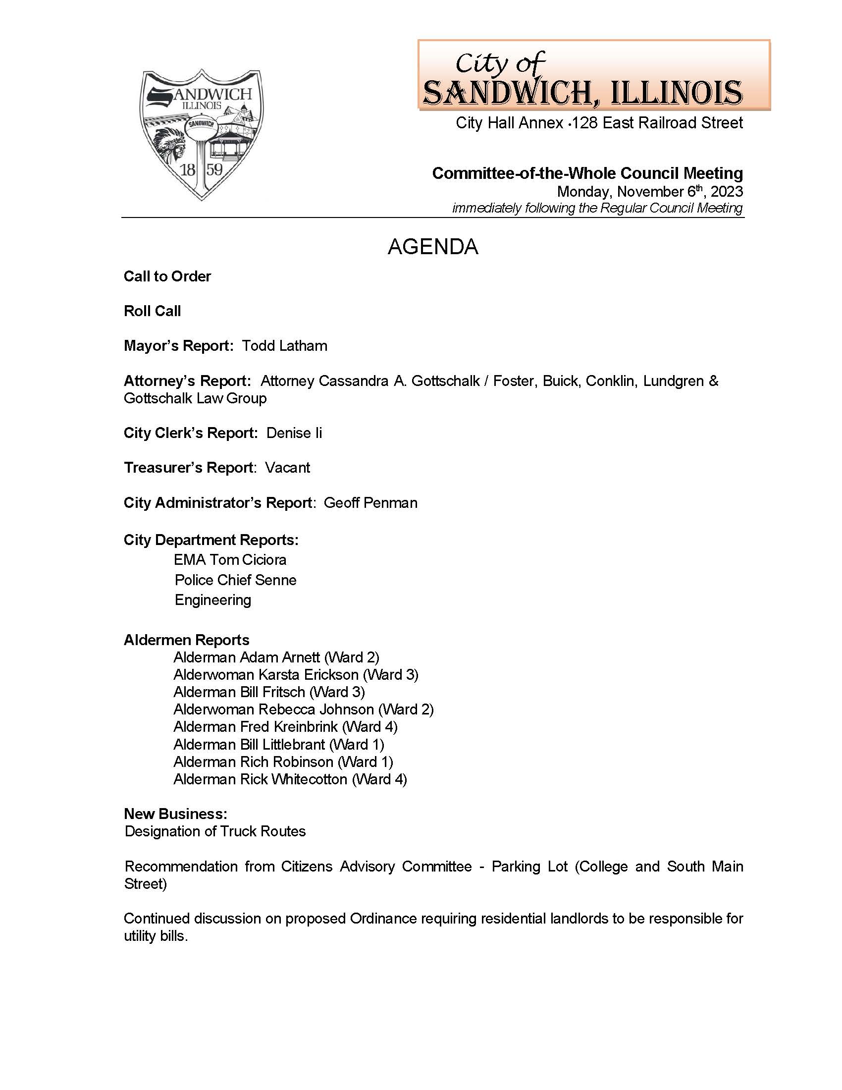 11/06/23 Council of the Whole Agenda Sandwich, Illinois Police Department