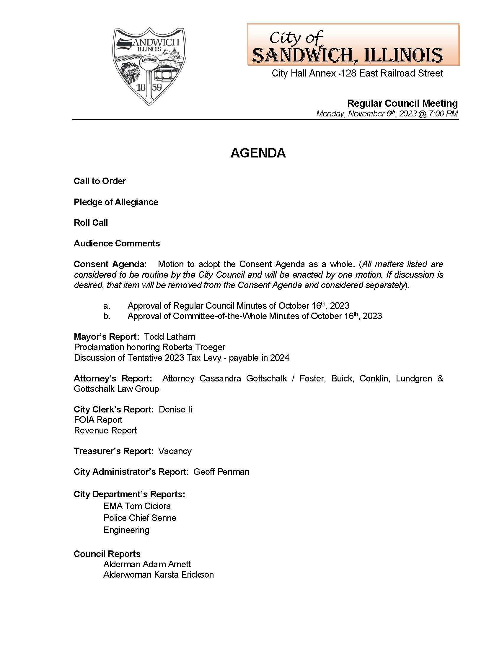 11/06/23 Regular City Council Agenda Sandwich, Illinois Police Department