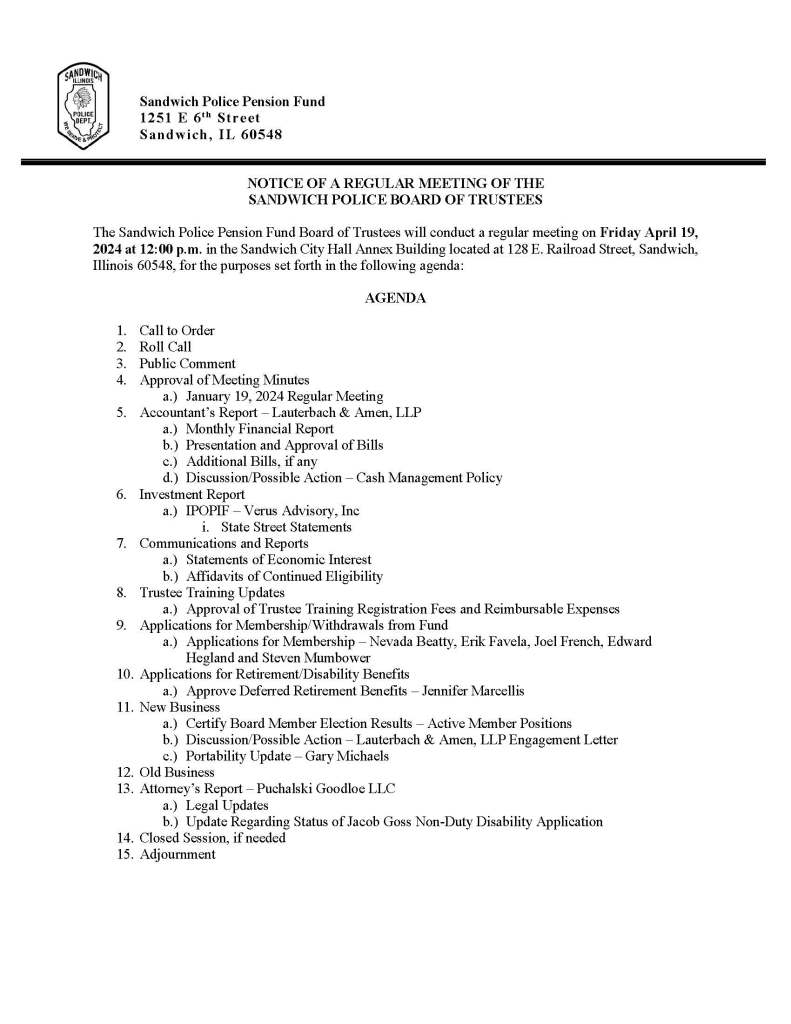04/19/24 Police Pension Agenda Sandwich, Illinois Police Department