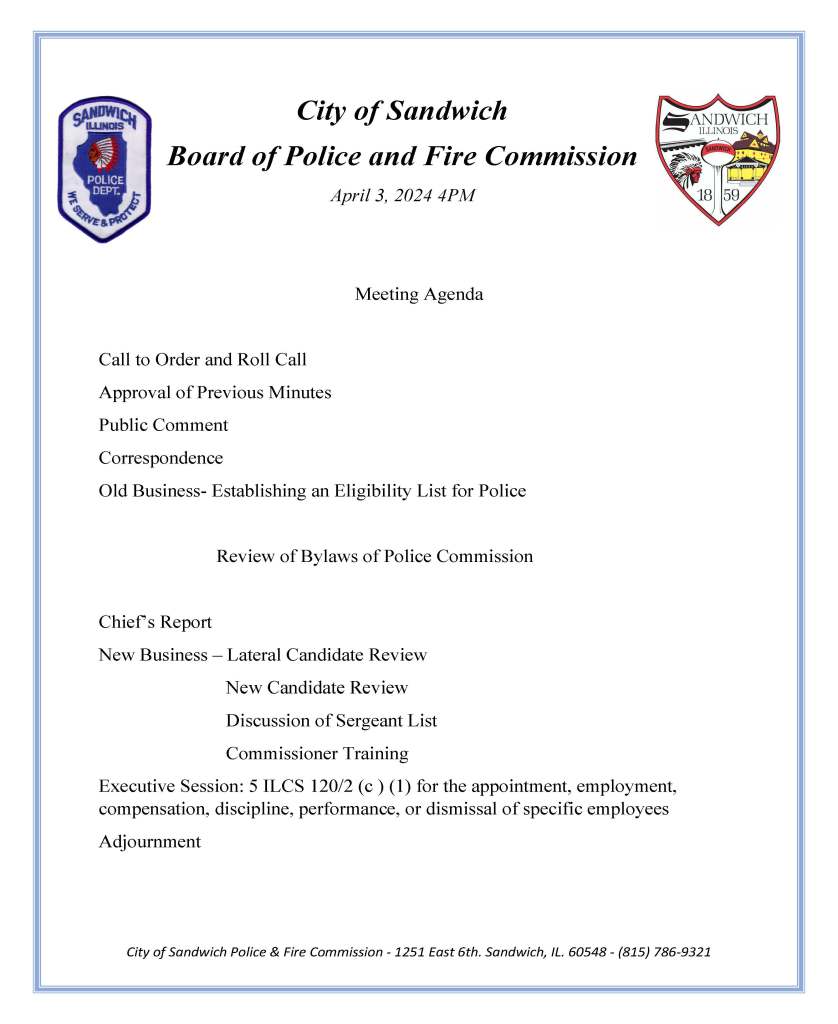 04/03/24 Police Commission Agenda Sandwich, Illinois Police Department